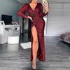 Spring and Autumn Hot-selling Multi-color Large-size Long-sleeved V-neck Sequined Fishtail Evening Dress Women's Split-ended Fashion Dress