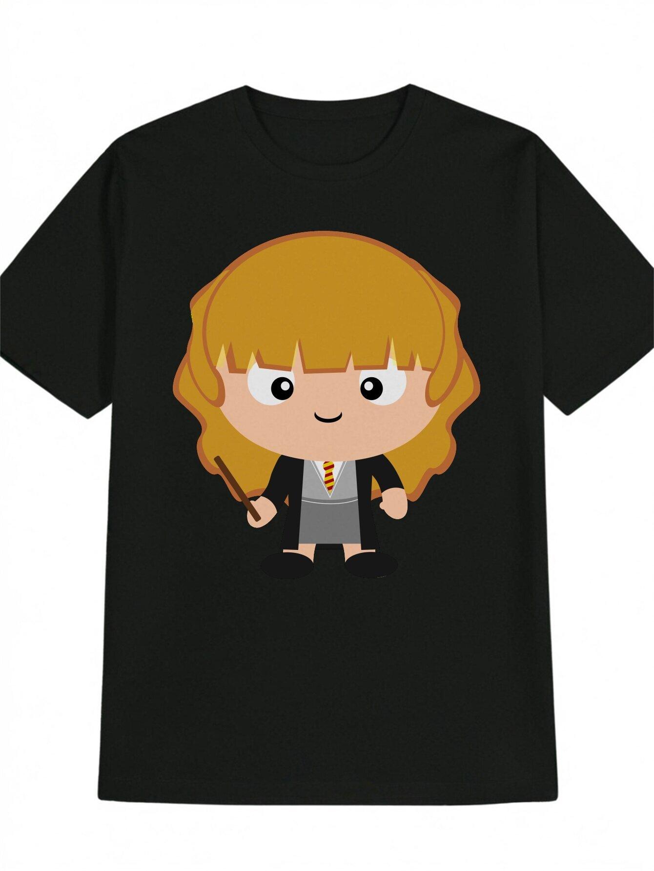 Casual Round Neck T-shirt with Playful Cartoon Character Print L