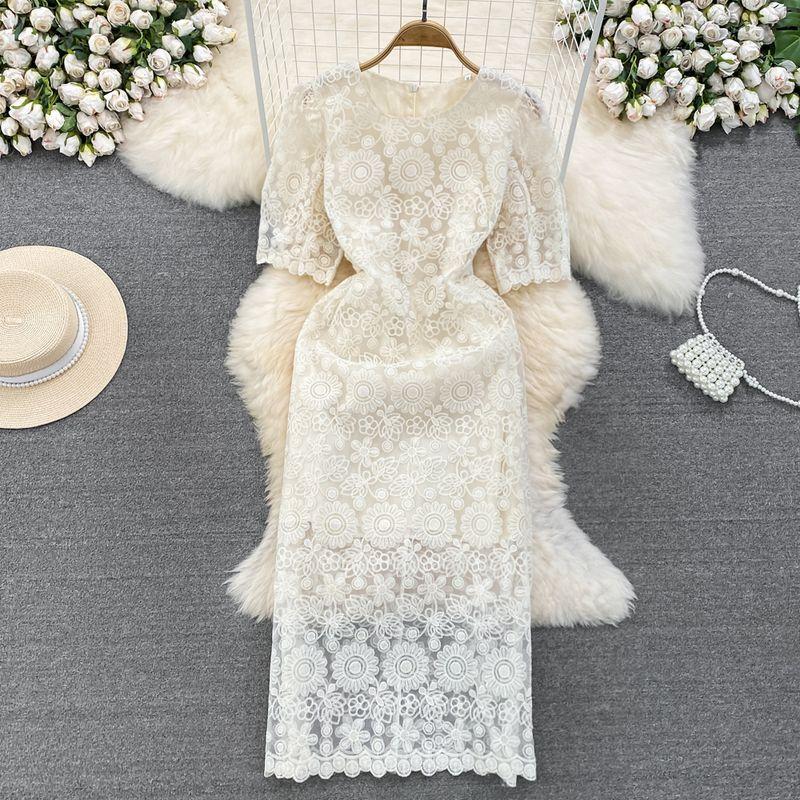 

Accessible Luxury Summer Bubble Embroider Lace Dress Short Sleeve White L