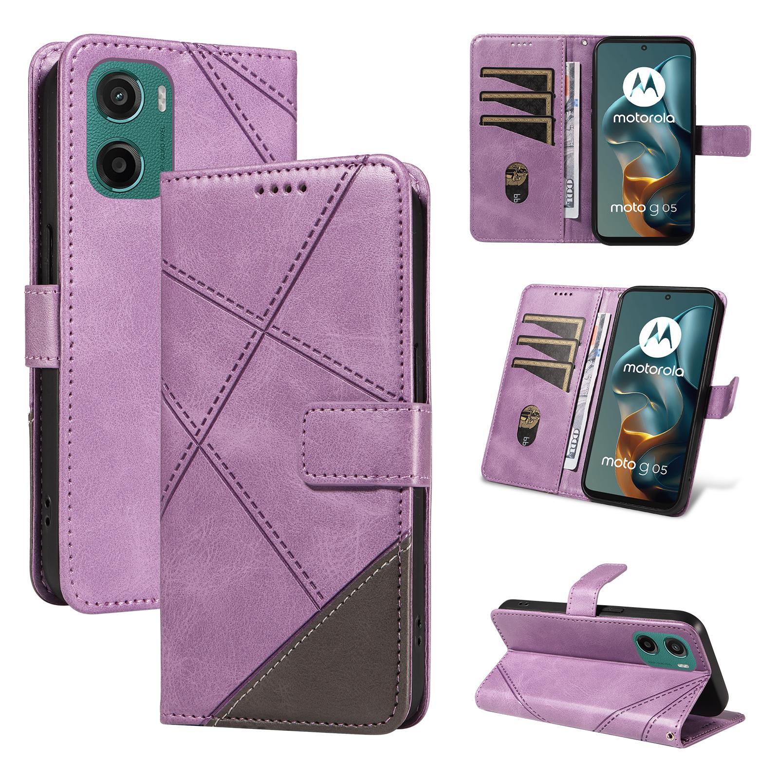 

For Motorola Moto G05 4G Leather Case Geometric Line Design Wallet Phone Cover with Wrist Strap Purple