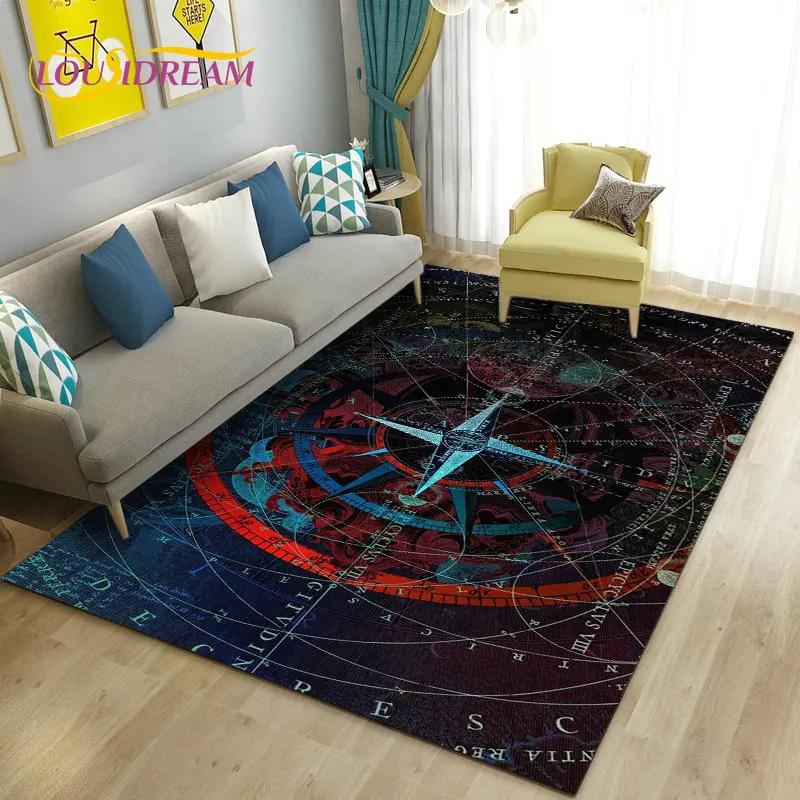 Alfombra retro con diseño de mapa del mundo vintage y brújula, para sala de estar, dormitorio, sofá, decoración, alfombra antideslizante para el suelo