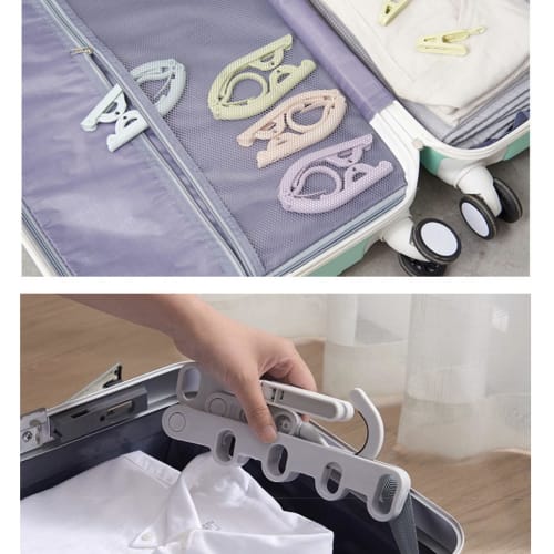 Four clip-on portable hangers and one folding hanger for easy storage. Ideal for travel, business trips, and indoor laundry drying. (4 colors availabl