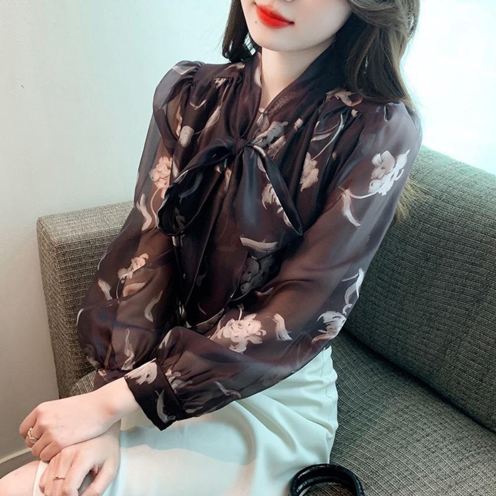 Gentle French Bow Top Women's Long Sleeved Floral Chiffon Shirt New Chic and Stylish Small Shirt