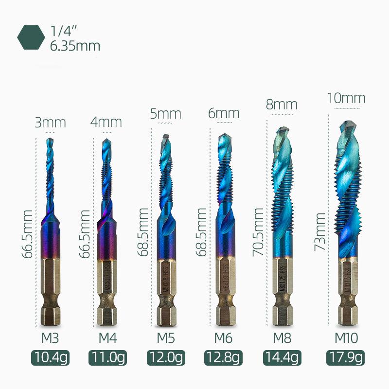 Hex Shank Titanium Plated HSS Screw Thread Metric Tap Drill Bits Screw Machine Compound Tap M3 M4 M5 M6 M8 M10 Hand Tools
