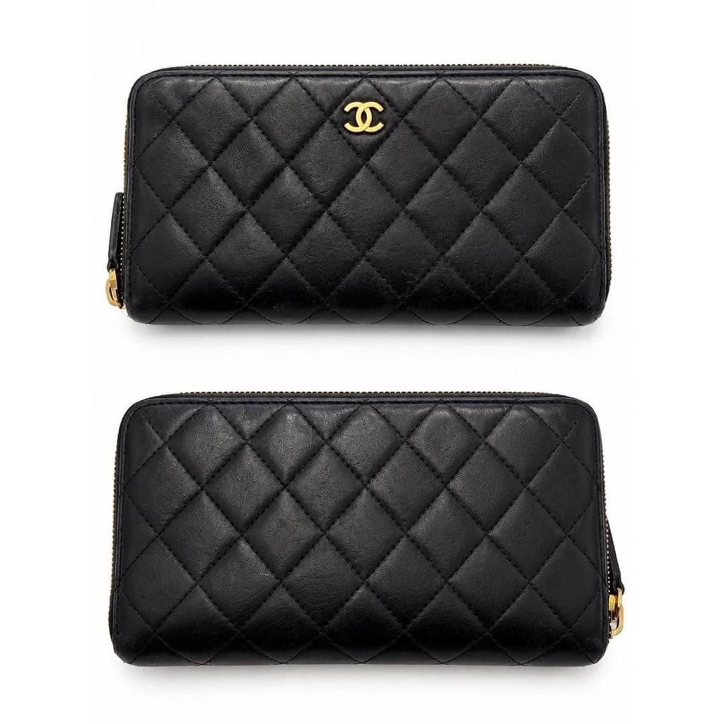 Used CHANEL Matelass Long Wallet, Round Zipper, Black, Lambskin