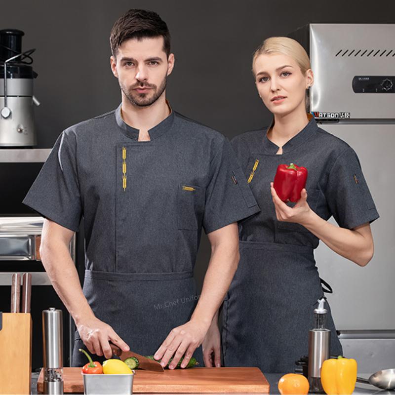 Summer  Men Short Sleeve Chef Jacket Black Uniform Chef Coat Apron Work Clothes Logo Chef Shorts Breathable Restaurant Kitchen