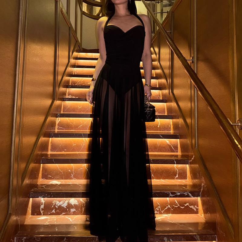 2026 Backless Hanging Neck Sexy Mesh See Through Long Dress New Fashion Black Elegant A-line Dress Women Sleeveless Summer Slim Party Dress