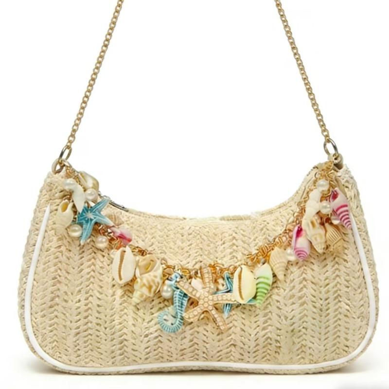 Beige Khaki Straw Woven Fany Hobo Bag, Gold Chain Underarm Purse with Ocean Shell Charms, Summer Beach Shoulder Bags for Women