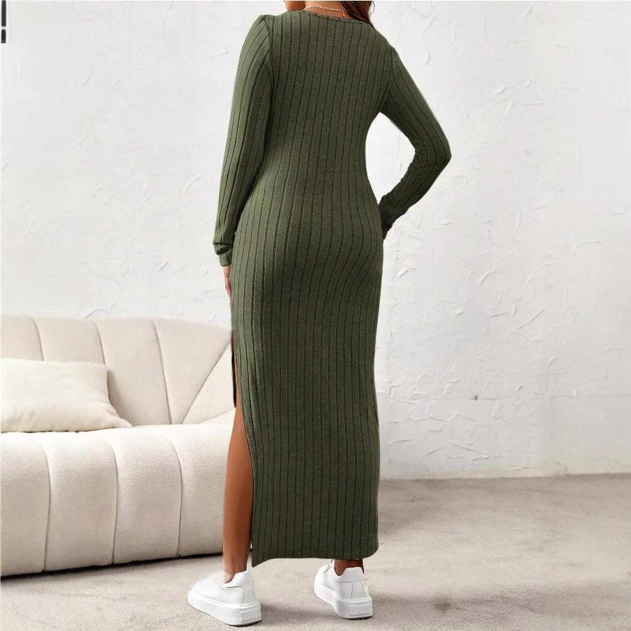 Fashion Maternity Ribbed Maxi Dress Long Sleeve Bodycon Side Slit Pregnancy Dress