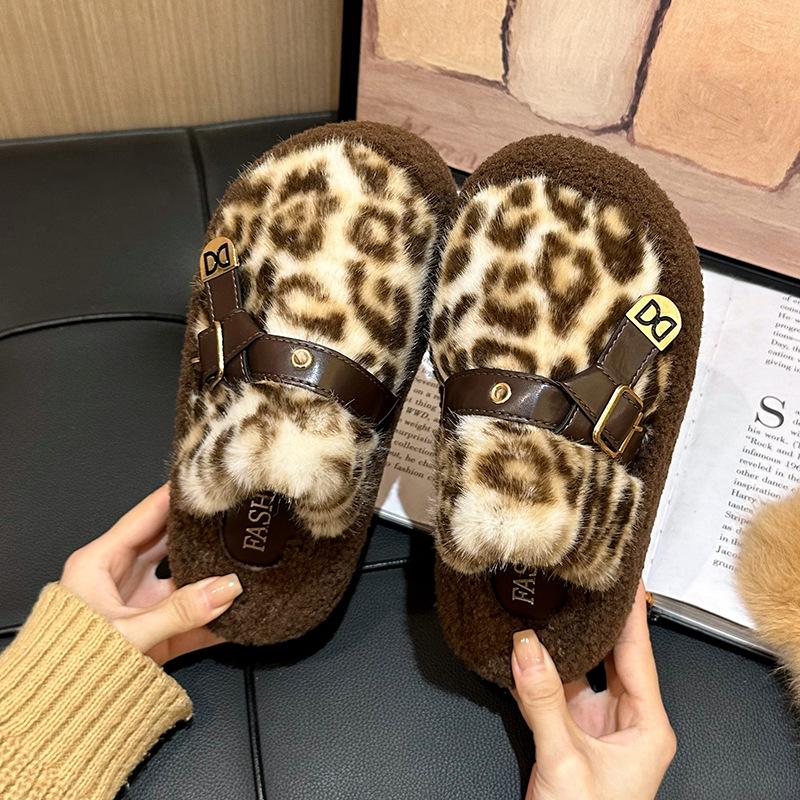 Thick-soled Plush Bag Head Half-towed Cotton Shoes, Women Wear Autumn and Winter New Internet Celebrities Popular Leopard Print Fluffy Slippers