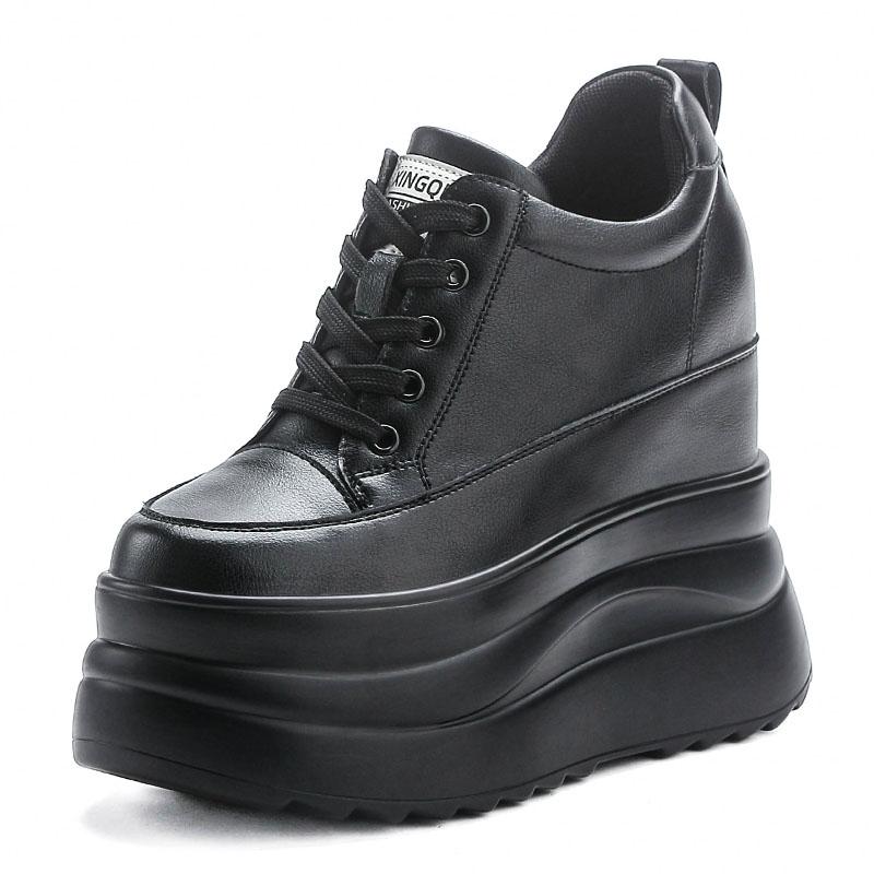 Лаконичные белые повседневные женские туфли на толстой подошве, увеличивающие рост на 13 см, из натуральной коровьей кожи, на шнуровке, массивные туфли на платформе-танкетке 34 чёрный