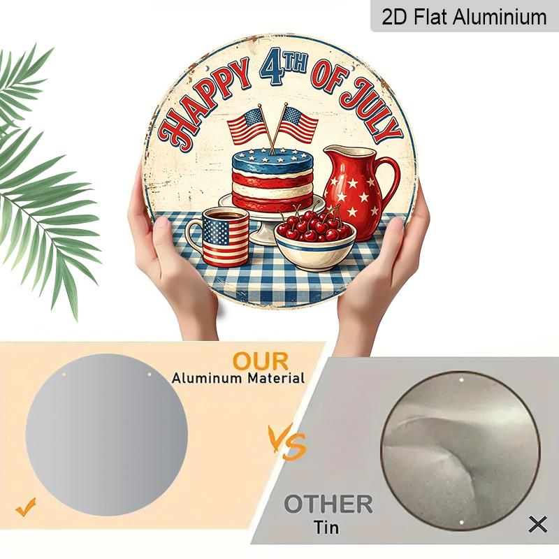 2D Flat, 1pc Retro Vintage 4th of July Sign, Patriotic American Flag Cake Cup Coffee Cherry Jug Decor, Round Aluminum Metal Sign, 4th of July