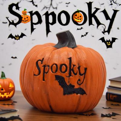 Halloween Pumpkin Figurine Spooky Bat Ghost Spider Web Pumpkin Statue Resin Tabletop Decoration for Home Mantel Shelf Decor
