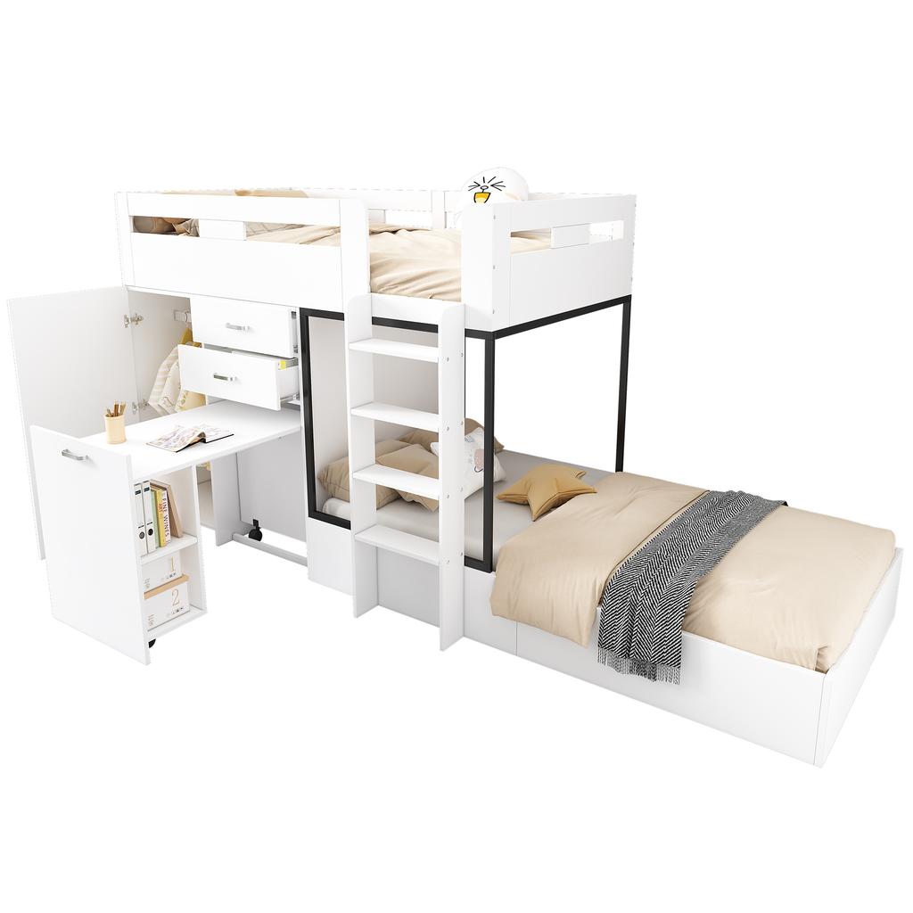 Litera con Escritorio Extraíble y Armario, con Cajón y Estantes y Escalera, sin Colchón, 90*200 cm, Blanco (SKU ANTIGUO:3233289012AAW-1)
