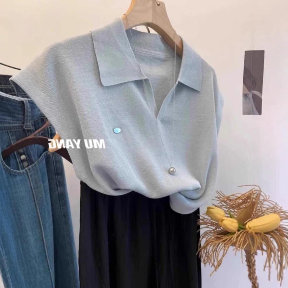 

Blue Polo Collar Ice Silk Knitted Short Sleeve Top for Women One Size рожевий