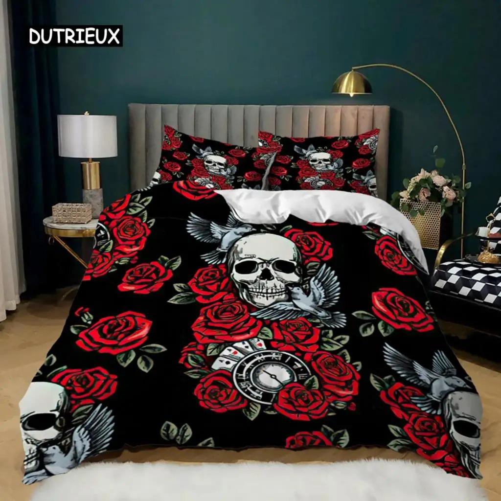 Skull Duvet Cover Queen Size Gothic Skeleton Bedding Set Rose Flower Polyester Comforter Cover for Kids Teens Adults Halloween
