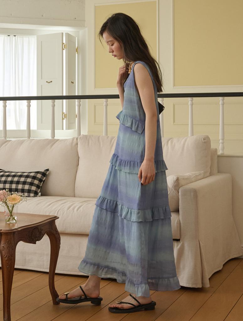 OPENING SUNSHINE Sleeveless Ruffle Tiered Long Dress_Blue Mist