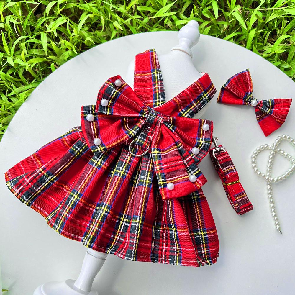 Pet JK plaid dog skirt chest strap leash walking dog cat vest clothes