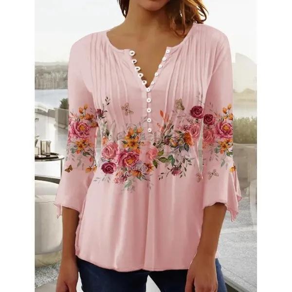 Spring Summer Women T-shirt Fashion Floral Print V-Neck 3/4 Sleeves Pleated Button Down Tee Tops