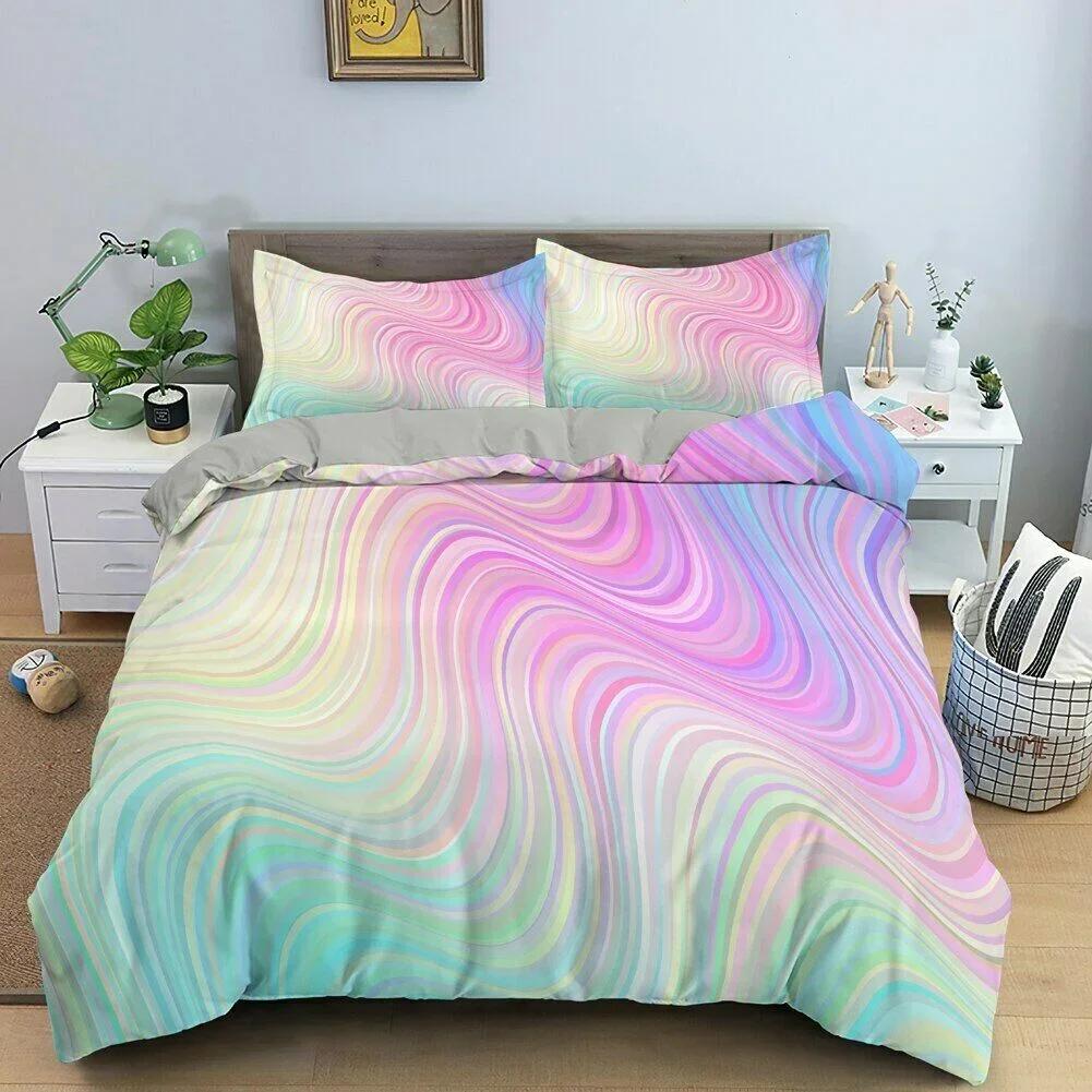 3D Modern Pastel Rainbow Marble Comfortable Duvet Quilt Cover Pillowcase Bedding Set Children Bedroom Decoration Home Textile