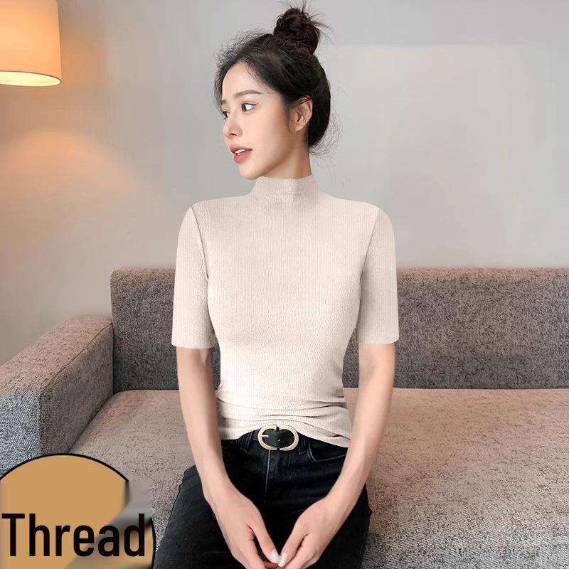 Koreanisches Schickes Enganliegendes Geripptes T-Shirt mit Halbem Stehkragen und Fünf-Punkt-Ärmeln