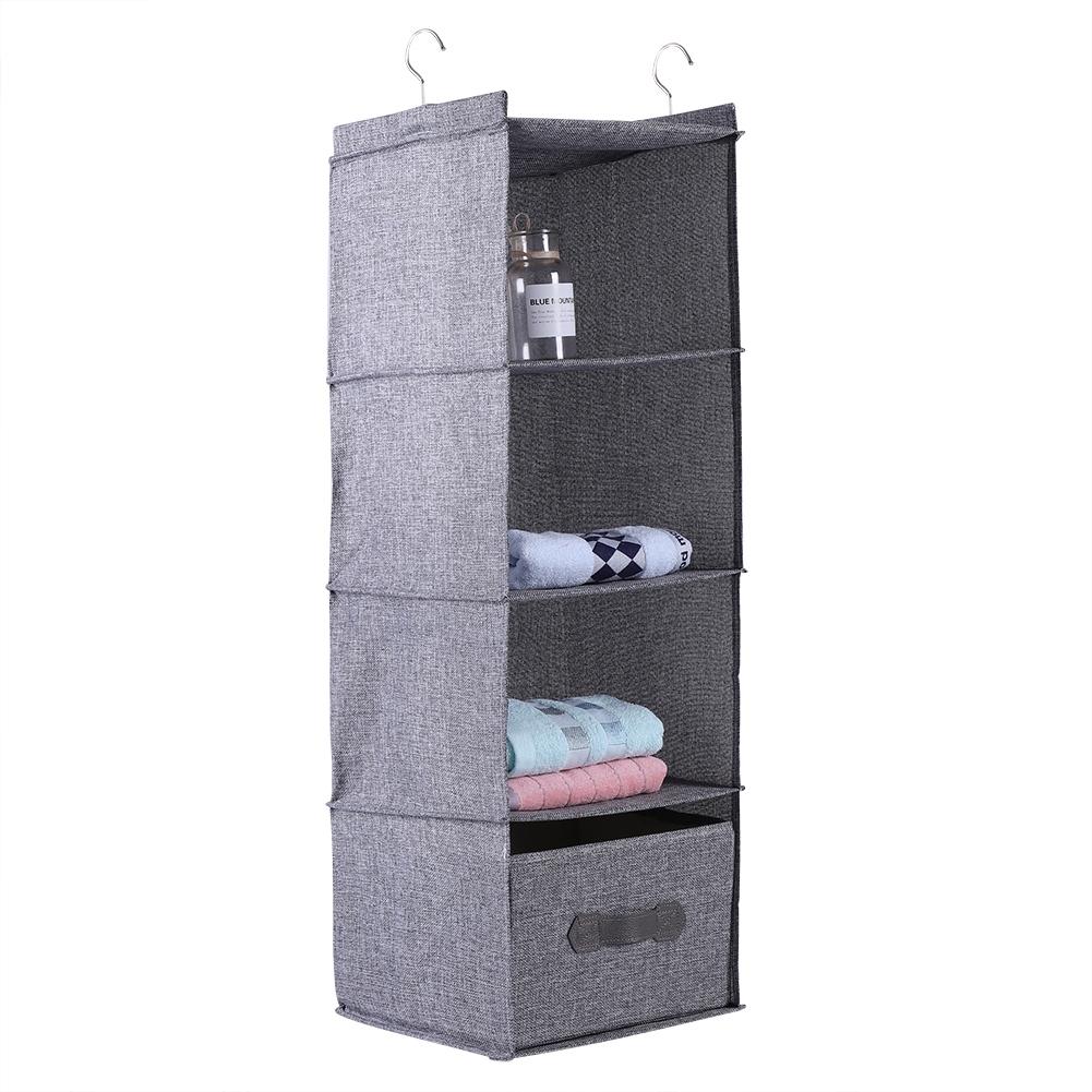 Hanging Closet Organizer Clothes Clothing Storage Holder 4 Shelves with Drawer (Gray)