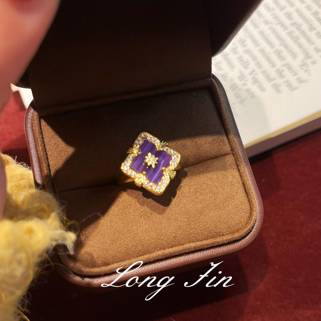 French Retro Four-Leaf Clover Window Grilles, Purple Dragon Crystal Jewelry Set, Necklace, Bracelet, Earrings, And A Ring.