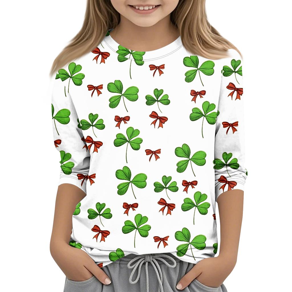 St. Patrick's Day Print Tops For Youth Girls 4-11 Years Round Neck 3/4 Sleeves T-Shirts Trendy Tops Outfit Tees