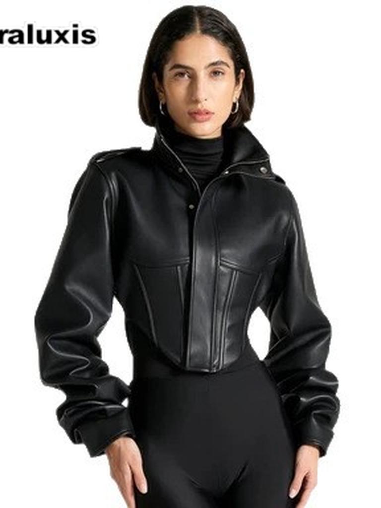 Nuova Giacca Corta da Donna in Pelle Classica con Collo Rialzato e Zip - Vestibilità Slim Vintage Usurata Marrone Caffè
