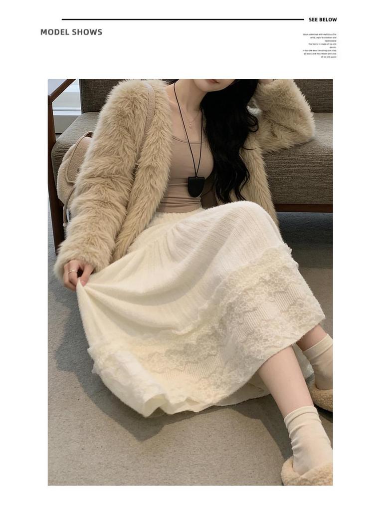 Women's White Lace High-Waist A-Line Long Skirt - Fluffy, Plush, Perfect for Spring & Autumn