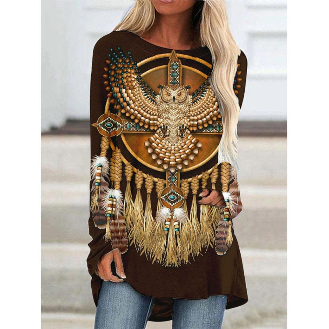 

Футболки с длинным рукавом с принтом Western Aztec Ethnic 3D, богемные женские винтажные модные футболки, свободные уличные женские футболки, топы M
