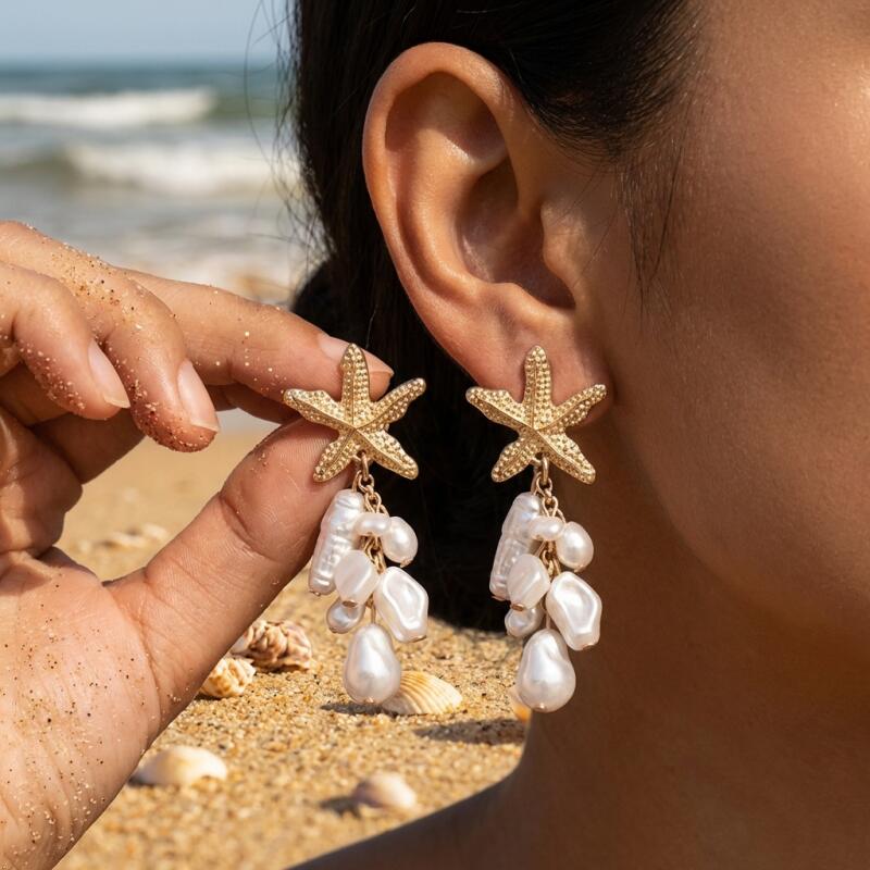 Irregular Imitation Pearl Beaded Dangle Earrings for Women Ladies Ocean Style Metal Starfish Drop Earrings Jewelry Accessories