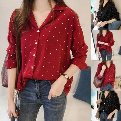 Women Casual Long Sleeve Polka Dot Turn-Down Collar Casual Tops Button Shirts