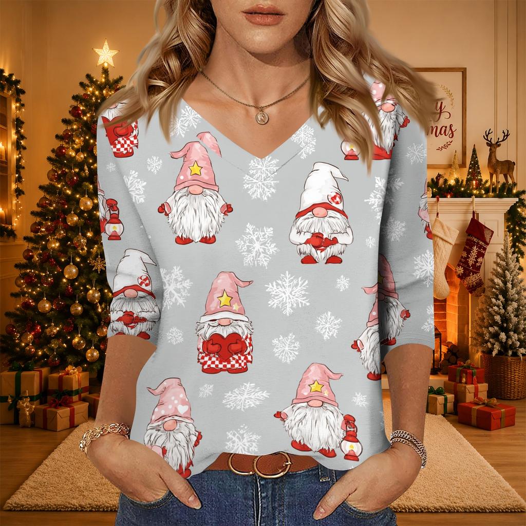 Women's Christmas Print V-Neck Three-Quarter Sleeve Casual Loose Fit Shirt