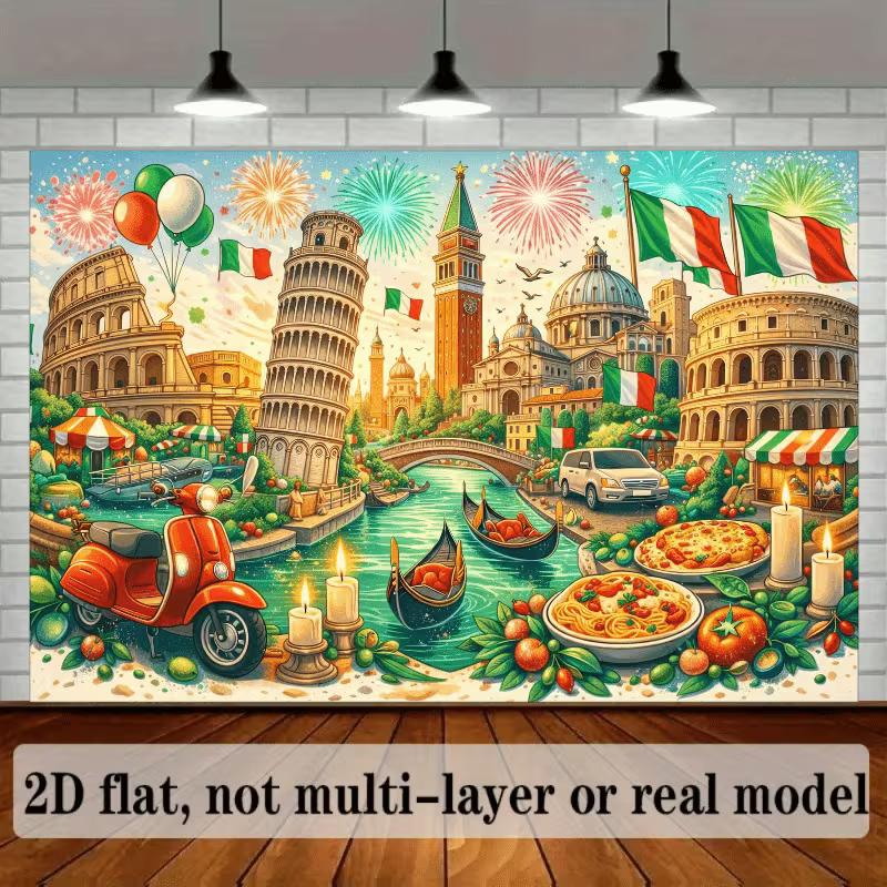 2D Vibrant Italian Culture Landmarks & Food Backdrop Aesthetic Photo Prop