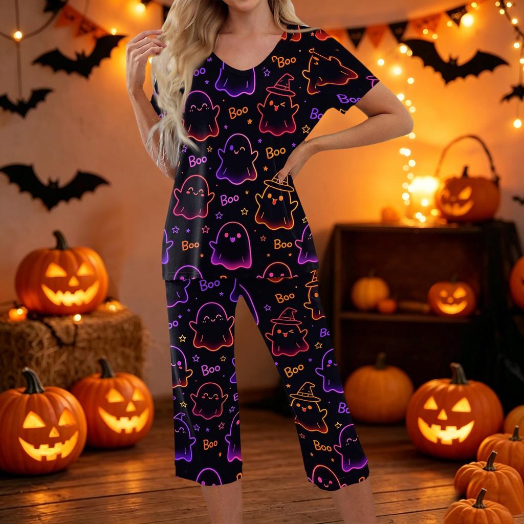 Women Halloween Printed Two Piece Set Short Sleeve Casual Top and Cropped Pants Comfortable Relaxed Fit Outfit