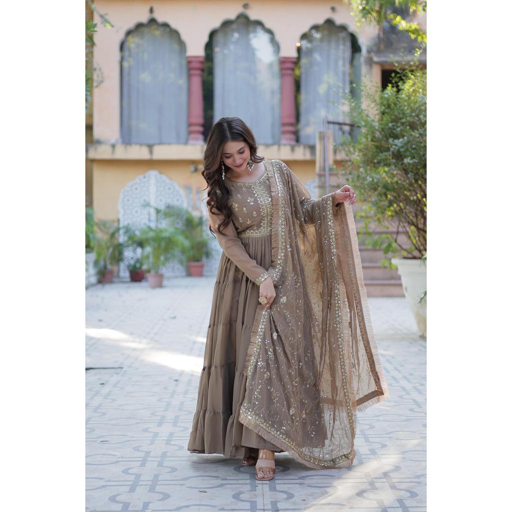 Desirable Women's Fully Flair Gown Made With Star Georgette Fabrics and Designer Embroidered Dupatta With Attractive Lace Border ,COLOUR:- 4