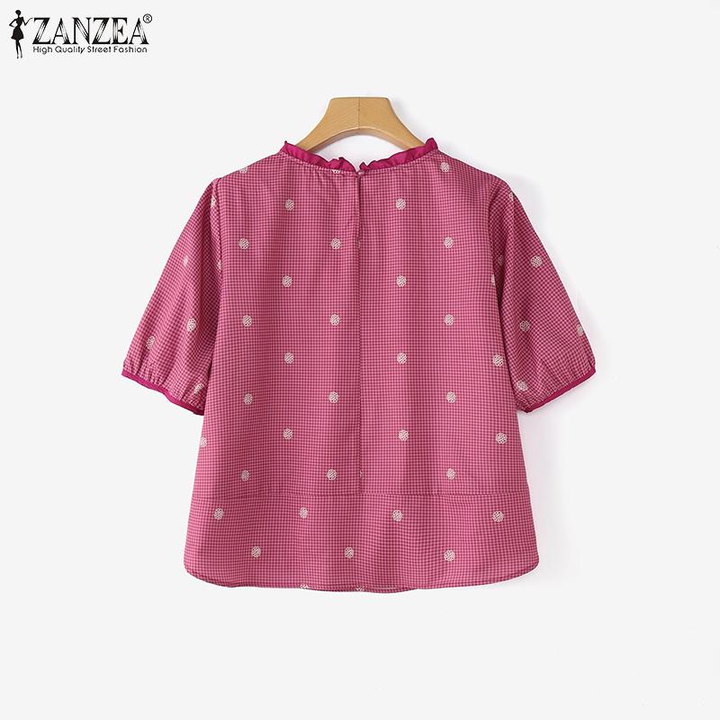 ZANZEA Women Summer Grid Print Casual Round Neck Short Sleeve Blouse