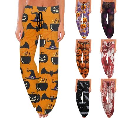 Women's Comfy Pajama Pants Pocket Halloween Print Drawstring Wide Leg Pants