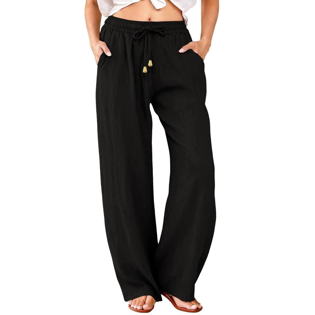 Women’s Drawstring Waist Wide Leg Pants Cotton Linen Loose Fit Casual Relaxed Trousers with Adjustable Waistband