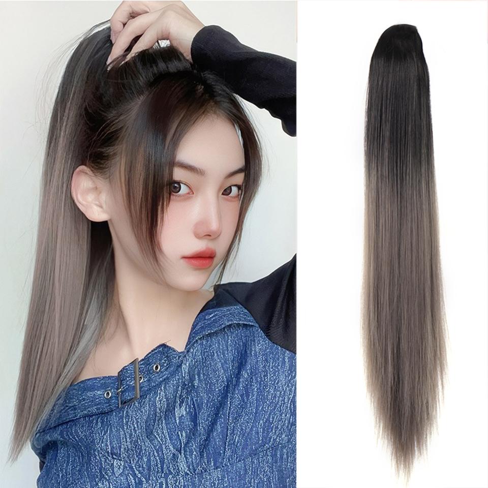 Extension de Cheveux Synthétiques Longs Lisses à Pince Queue de Cheval 22 Pouces Noir Mèches Bleues Grises Postiche Queue de Cheval Perruque Pour Femmes