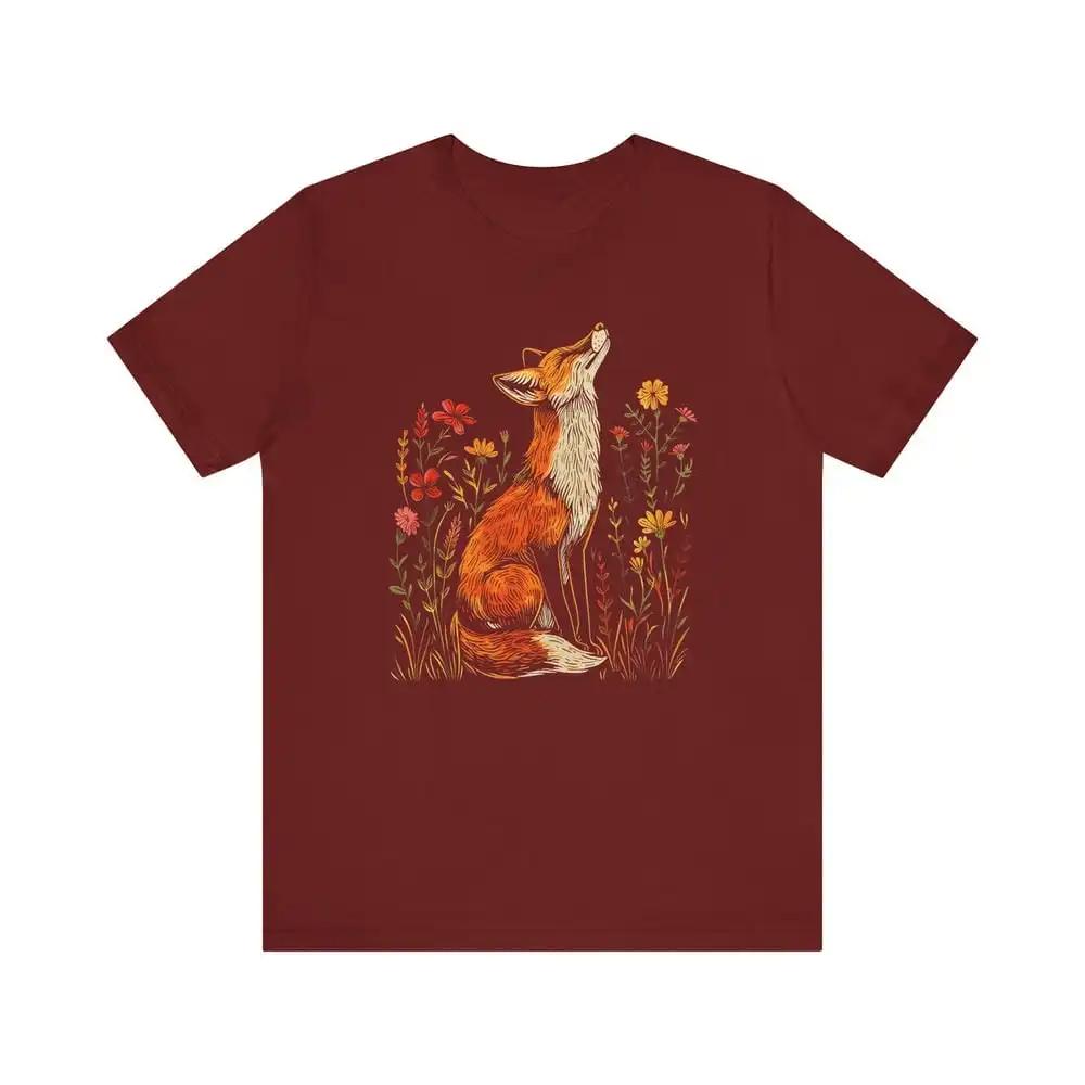 Tees Wildflower Fox Print Comfort Unisex Clothes T Shirt Daily Match Casual Tops Pure Cotton Girls Tshirt Crewneck Short Sleeve