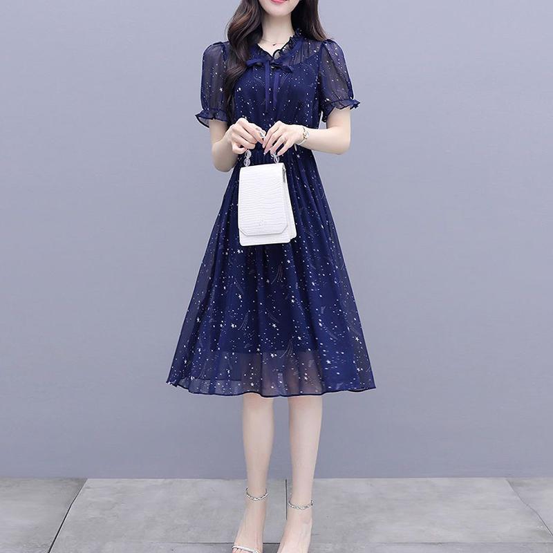 

Лето Новое Элегантное Модное Принтованное Платье-Халат Женское С Коротким Рукавом Рюши Шнуровка Миди Вестидос Женское Темпераментное Шифоновое Платье M темно-синий