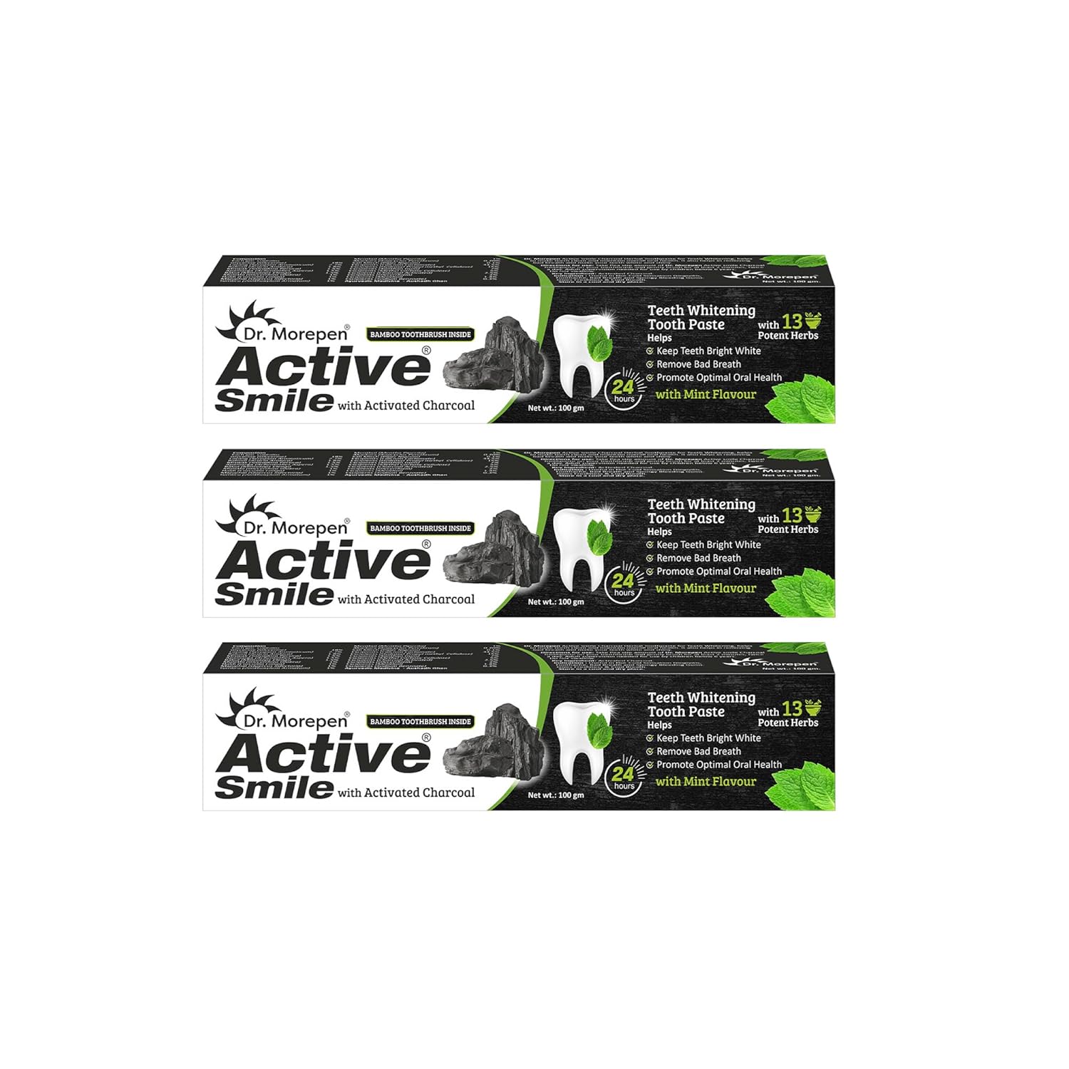 

Dr. Morepen Active Smile Charcoal Toothpaste 100 Gms x Pack of 3 Teeth Whitening Gum Care