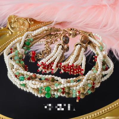 Medieval Exaggerated Retro Palace Pearl Agate Multi-layer Heavy Industry Twisted Chain Collarbone Necklace Tassel Red High