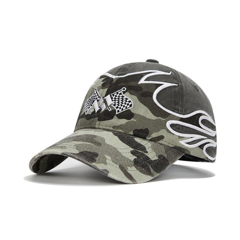 Street Trendy Brand Big Head Circumference Baseball Cap Contrasting Color Flame Splicing Washed Embroidery Hip Hop Sunshade Cap