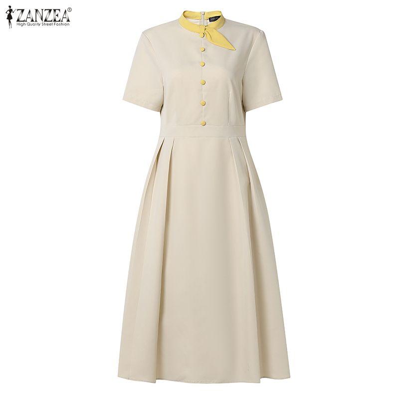 ZANZEA Women Splice Round Neck Casual Short Sleeve Dress