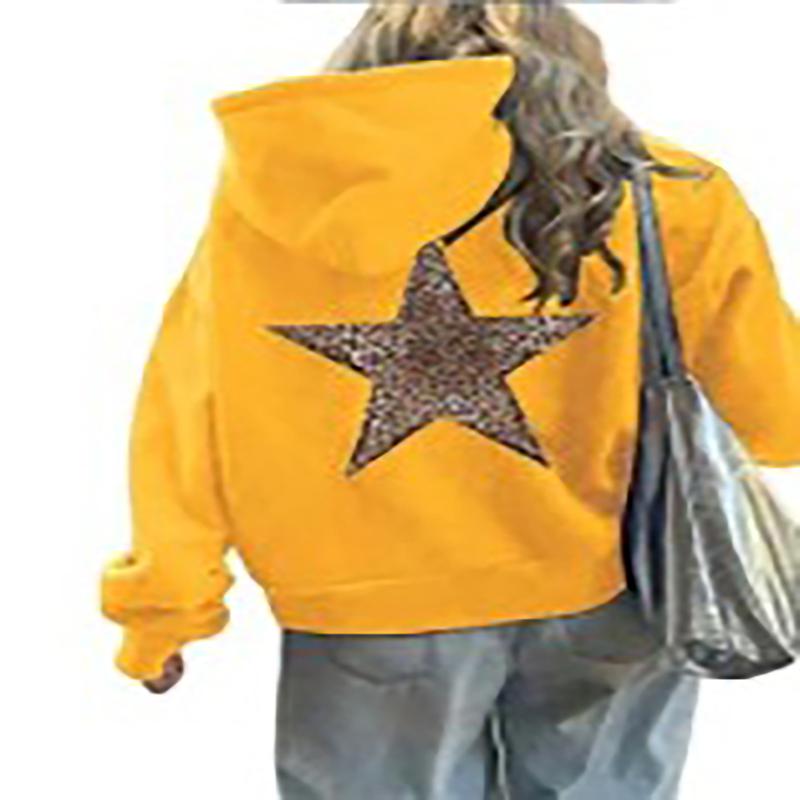 Mode Einfacher Leopardenmuster Fünfzackiger Stern Kapuzenpullover Lässig Locker Kängurutasche Kordelzug Pullover Oberteile