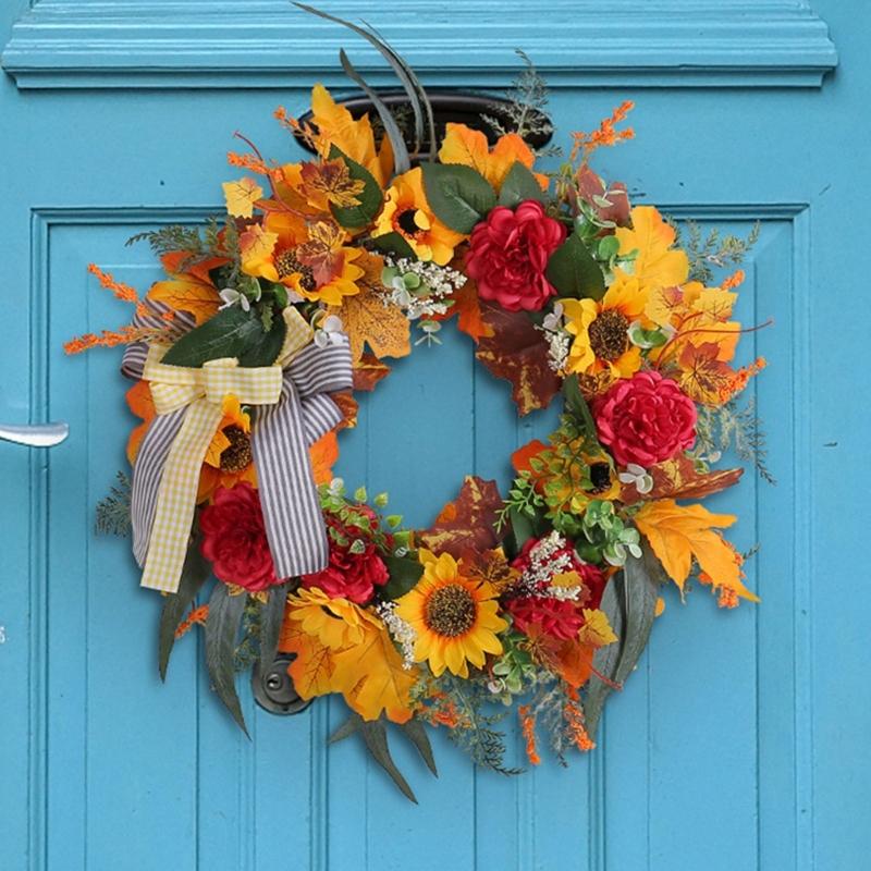 Höst Dörrkrans Höstskördekransar För Ytterdörr Höst Gårdskrans Med Solrosor Och Lönnlöv För Utomhusbruk