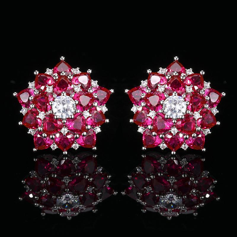 Jewelry Copper Bottom Gold-Plated Simulation Red Corundum Flower High-End Light Luxury Suit Women